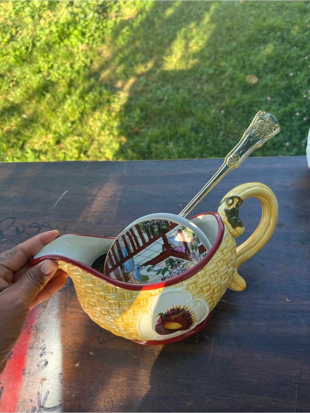 kitchen utensils ,Yellow Ceramic Gravy Boat with Rooster Accent
